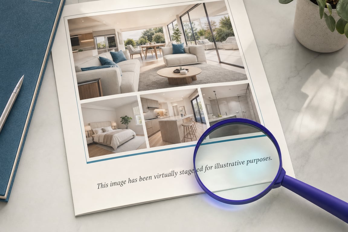 Editorial flat-lay showing a real-estate listing brochure with a printed disclaimer at the bottom and a magnifying glass hovering over the fine print