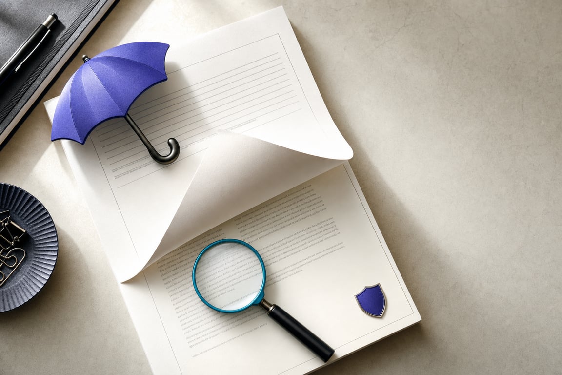 Editorial flat-lay: insurance policy document partially folded back, with an umbrella-shaped paperweight, magnifying glass over fine print, and a small shield icon