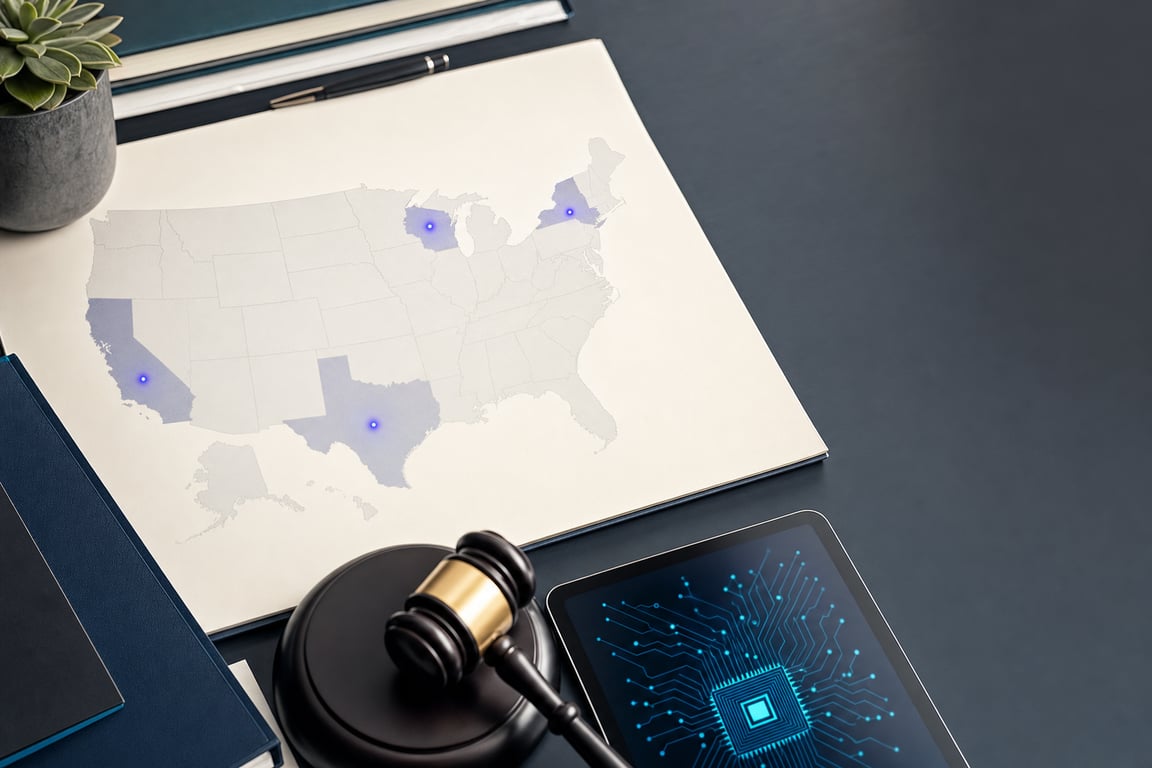 Editorial illustration: stylized US map with state-specific AI compliance markers