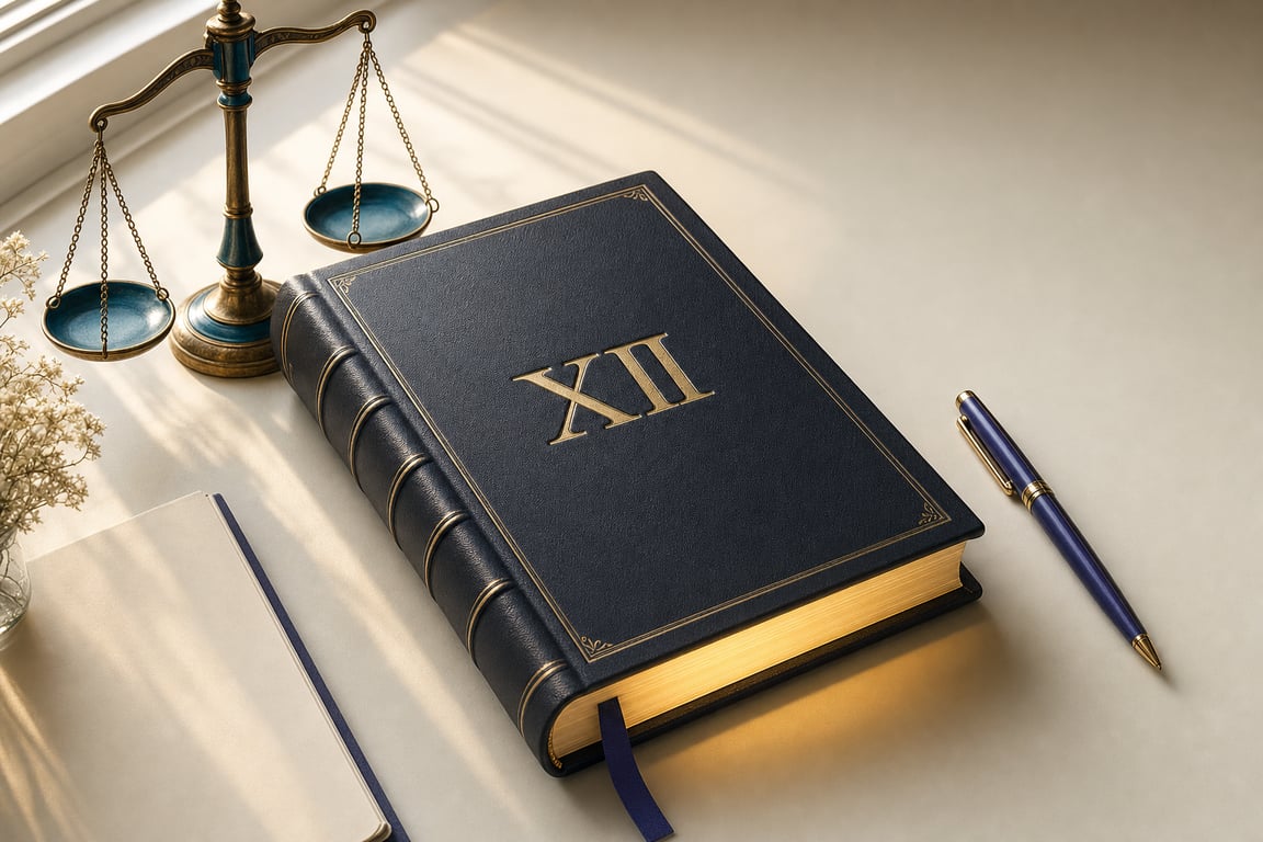 Editorial flat-lay: leather-bound rulebook embossed with Roman numeral XII, beside a brass balance scale and a sleek pen