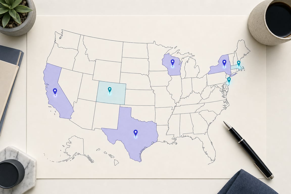 Editorial overhead flat-lay: full US map outline on a desk with state-specific compliance markers highlighting California, Wisconsin, Texas, New York, Massachusetts, Colorado, and New Jersey