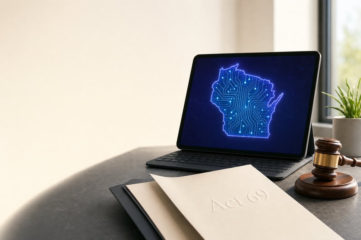 Editorial illustration: tablet displaying the Wisconsin state outline overlaid with an AI-circuit pattern, beside a wooden gavel and paperwork embossed "Act 69"