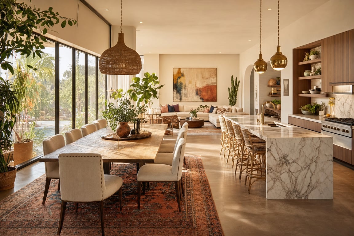 Before open concept space bohemian AI staging