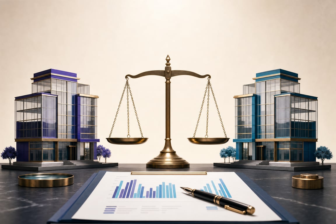 Editorial illustration: two brass-and-glass building silhouettes balanced on a brass scale, comparison chart in foreground