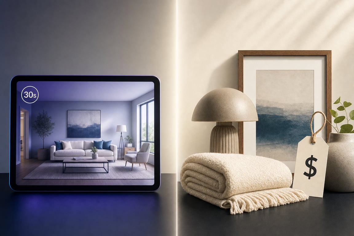 Editorial split-screen illustration: AI virtual staging on tablet vs traditional physical staging items with price tag