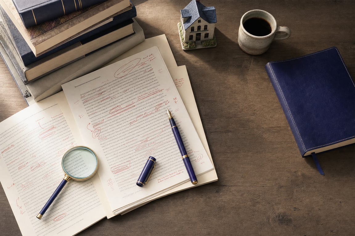 Editorial flat-lay: open manuscripts with red-pen markup, reference books, fountain pen, magnifying glass, and a model house figurine