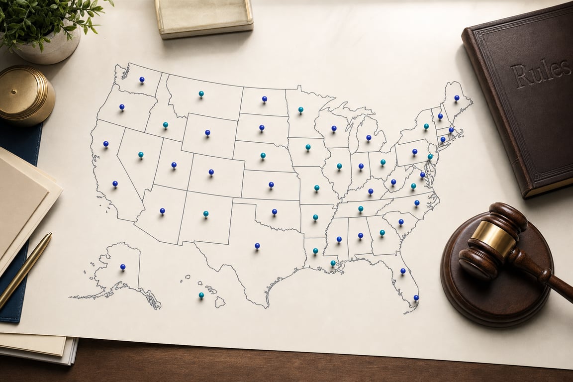 Editorial overhead flat-lay: full US map with 50 states + DC highlighted by glowing pins, wooden gavel beside the map