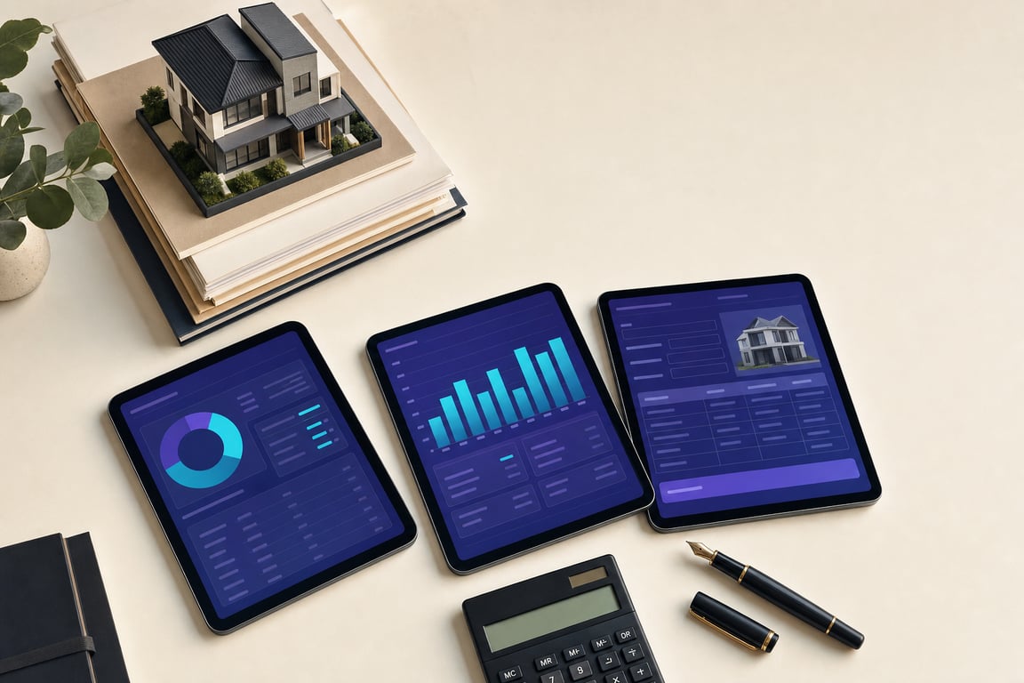Editorial flat-lay: charts, a calculator, a model house, and property files representing realtor earnings analysis
