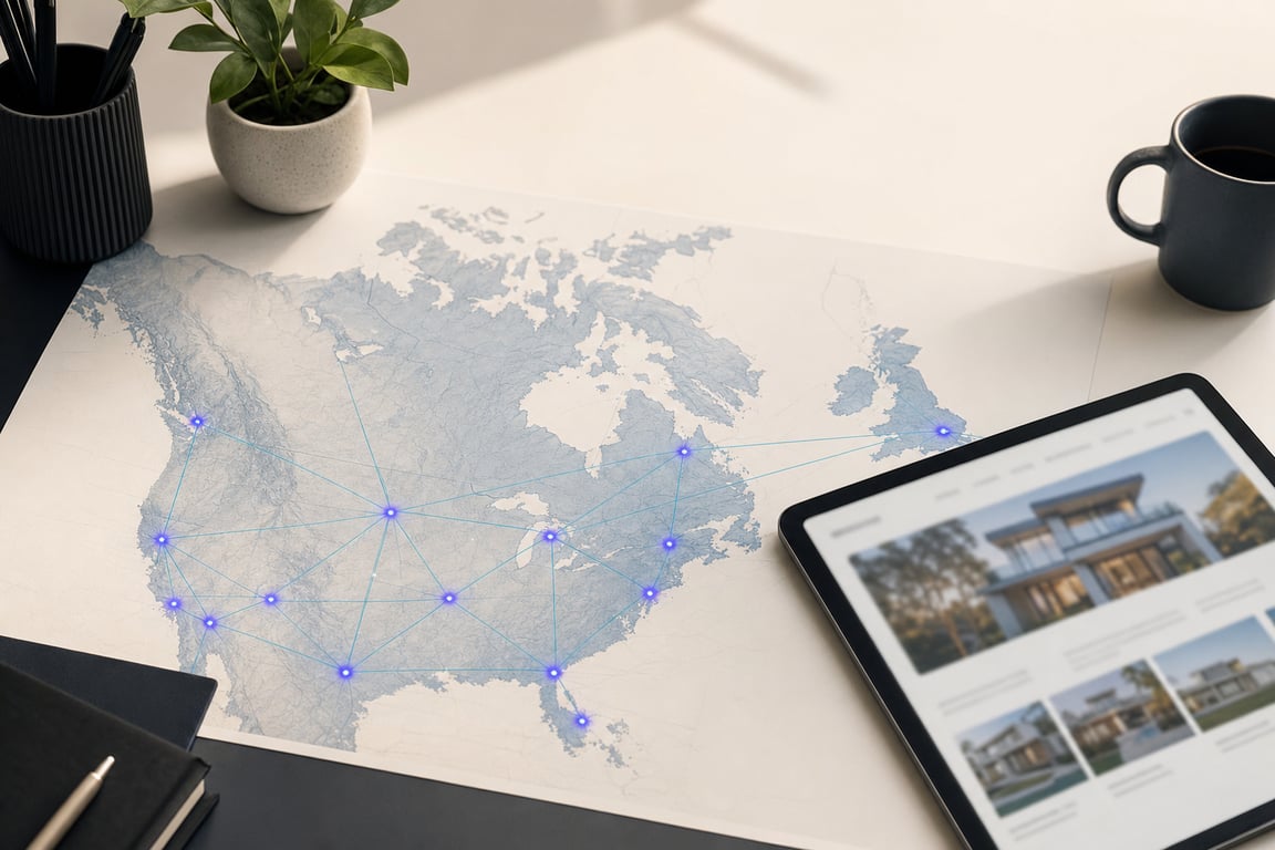 Editorial illustration: stylized North America and UK map with city pins forming a connected real estate network