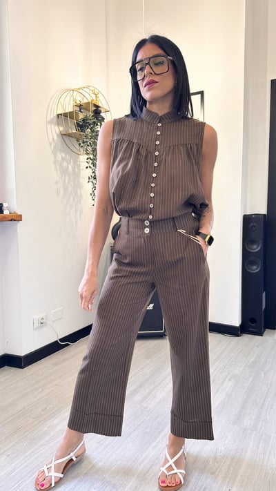 COORDINATO RIGATO MARRONE IN LINO