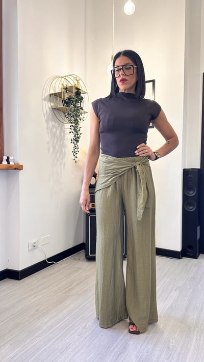 PANTALONE IN LINO CON PAREO MILITARE