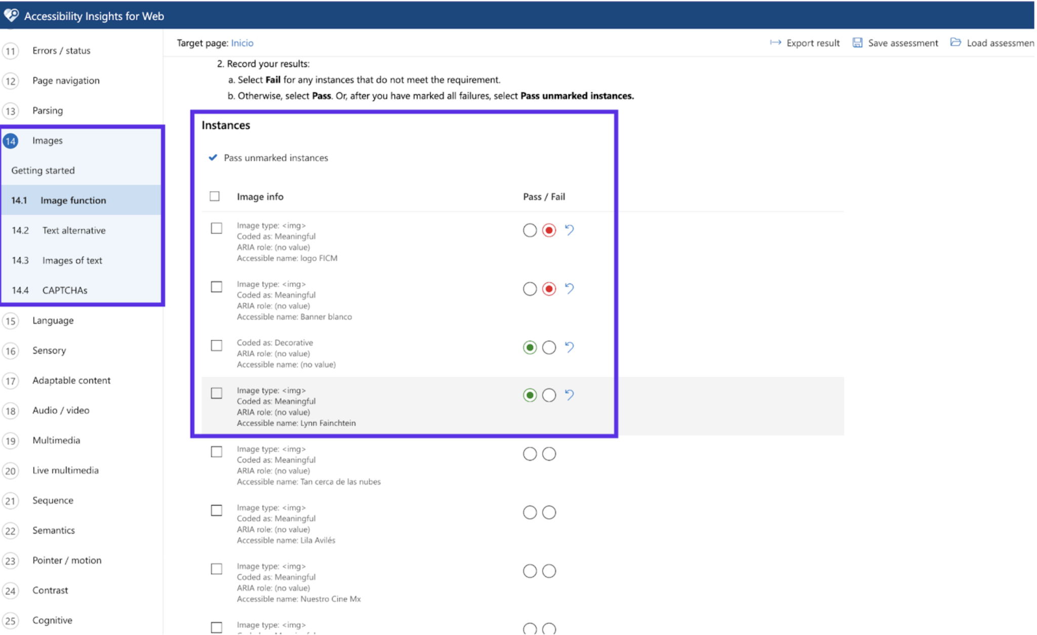 Continuation of Screenshot image of Accessibility Insights for Web Demo of manual experience in which you navigate through a set of tests that cover all WCAG 2.1 AA success criteria.