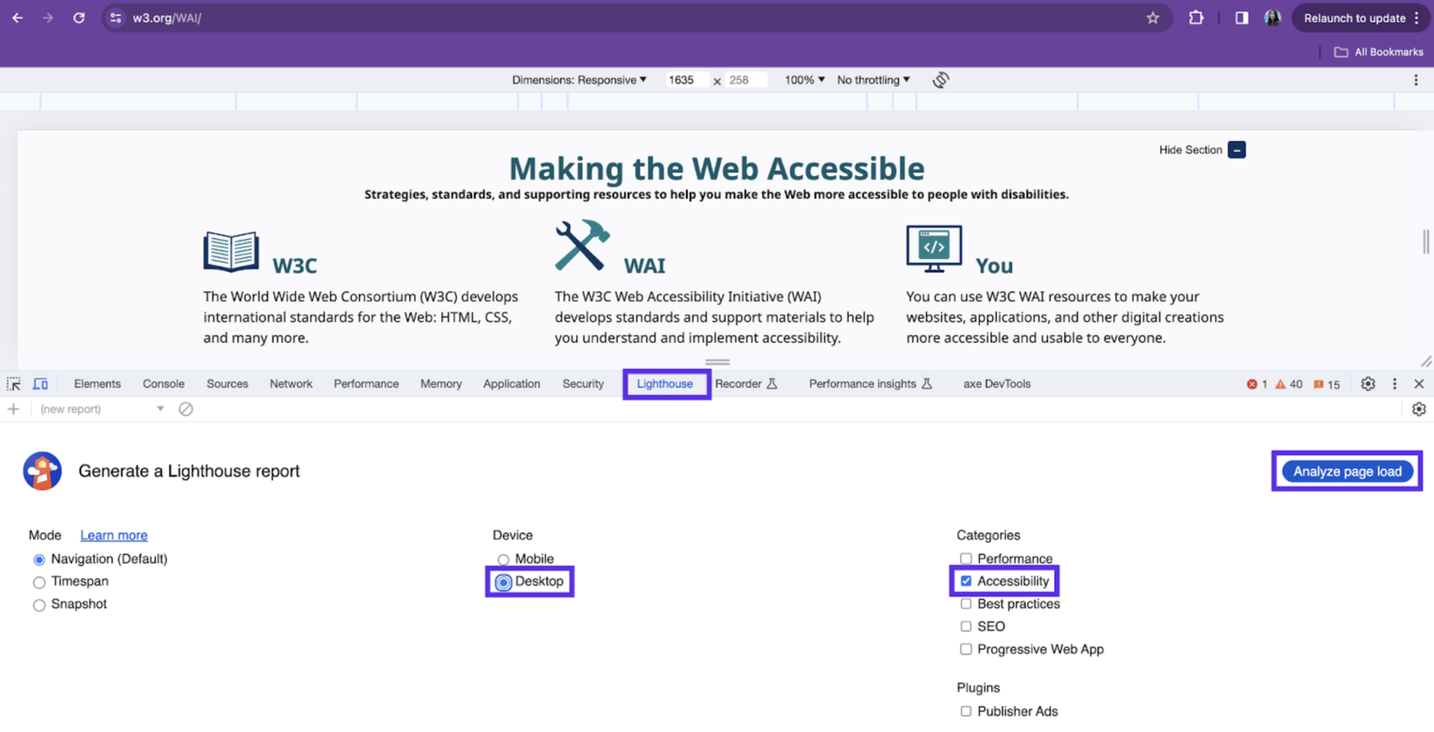 Lighthouse image screenshot image. It displays the Lighthouse tab with the device set to "Desktop." The category chosen is "Accessibility."