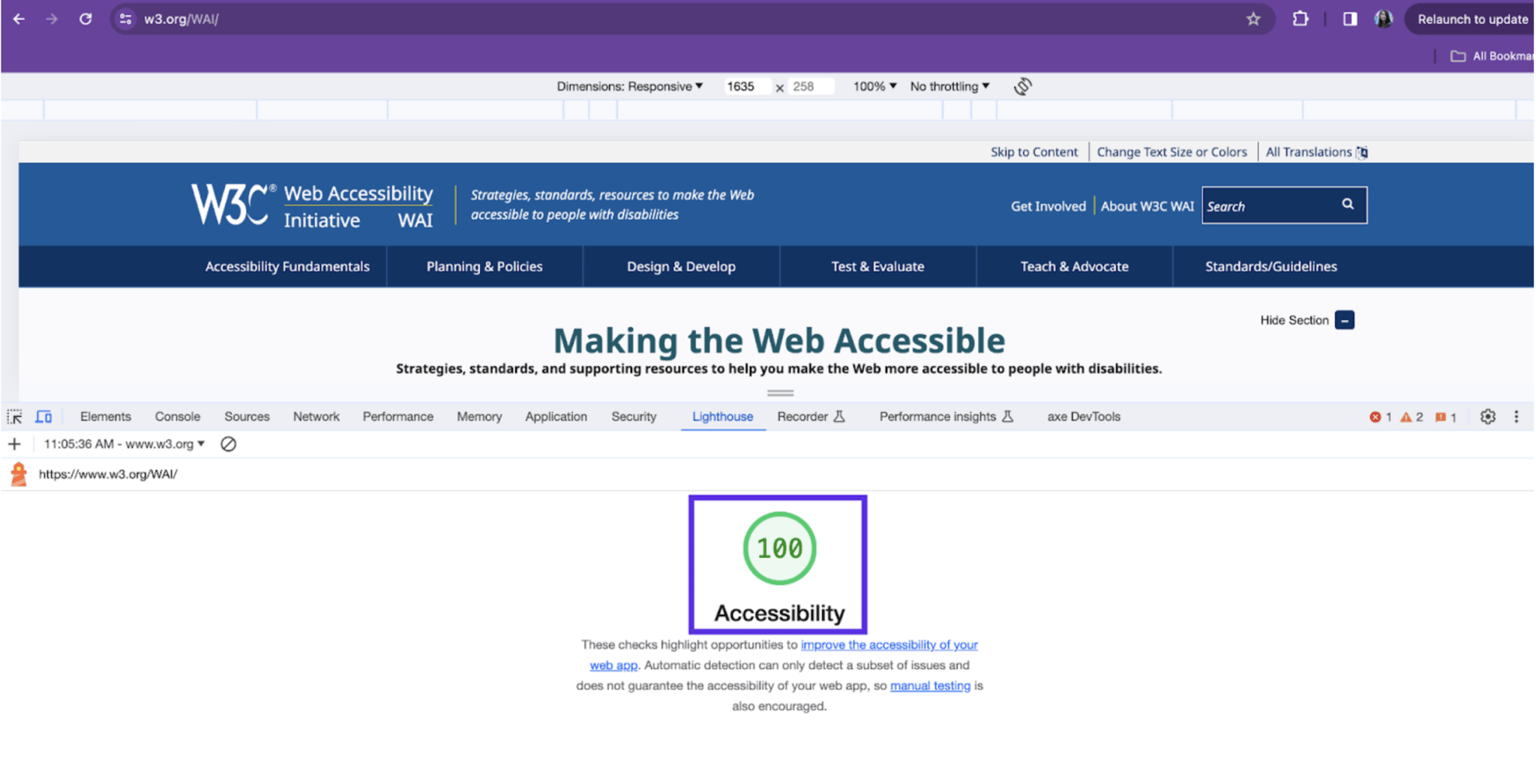 Screenshot of Lighthouse Image showcasing the Accessibility score, which in this instance is 100.