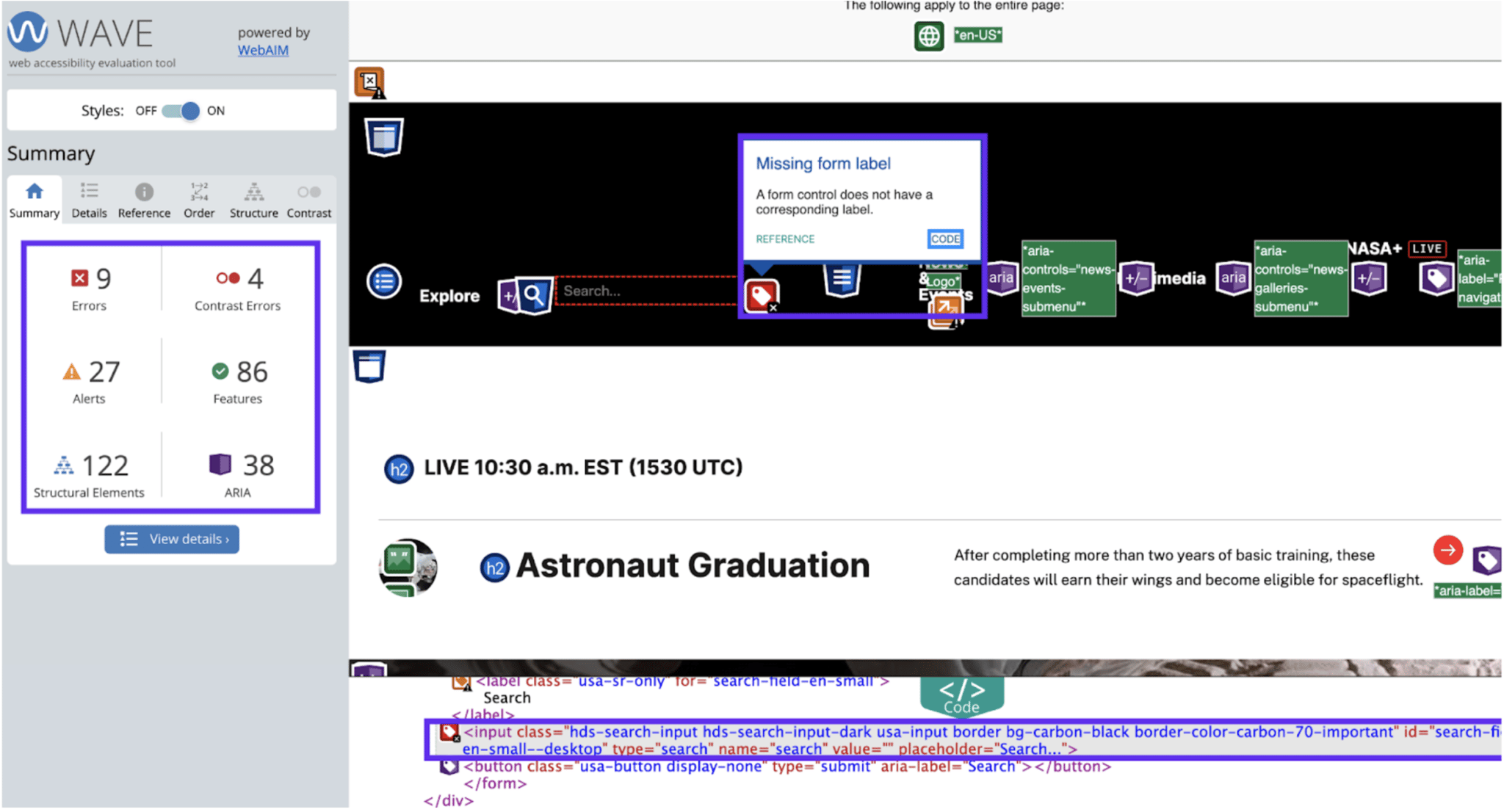 Screenshot image of the WAVE tool where you can see the information provided by the tool. The icon system is located on the right side.