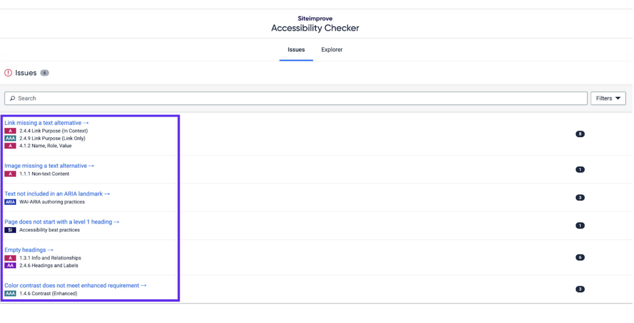 Screenshot image of Siteimprove showing practical solutions and code snippets to help correct the problem in your web page's code.