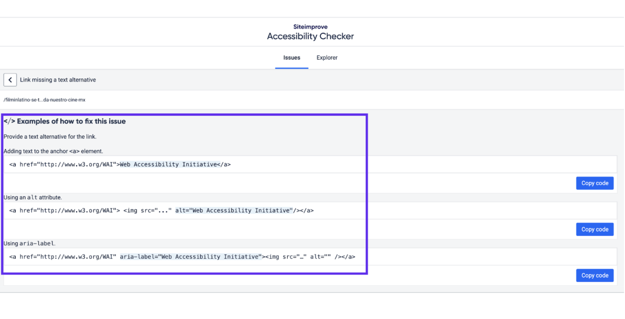 Screenshot image of Siteimprove with a list of issues found on a website, organized by issue type.