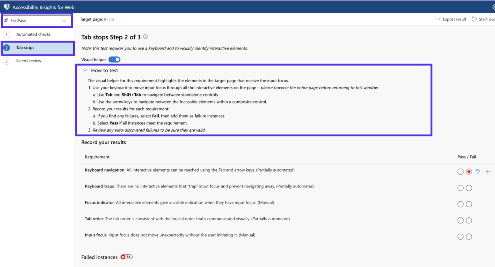 Screenshot image of Accessibility Insights for Web tool showing a preliminary scan that identifies issues automatically
