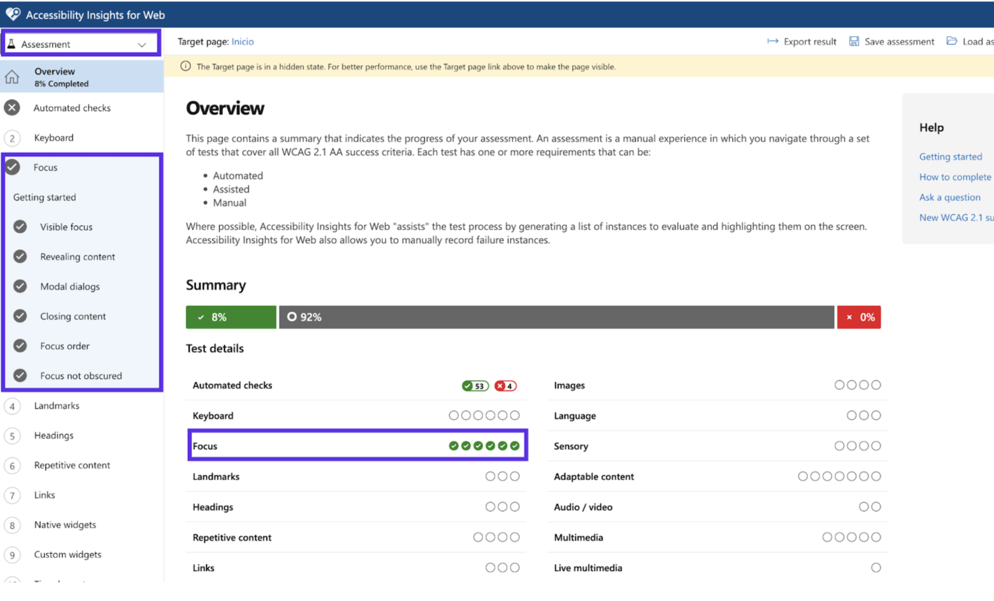 Screenshot image of Accessibility Insights for Web Demo of manual experience in which you navigate through a set of tests that cover all WCAG 2.1 AA success criteria.