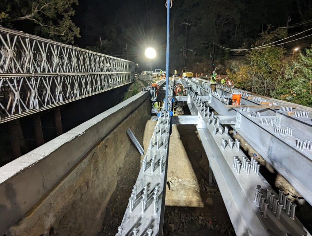Wide view of temporary bridge during construction