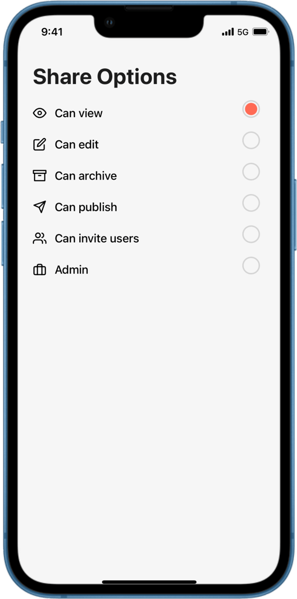 iOS preview for Radio Group with Share Options