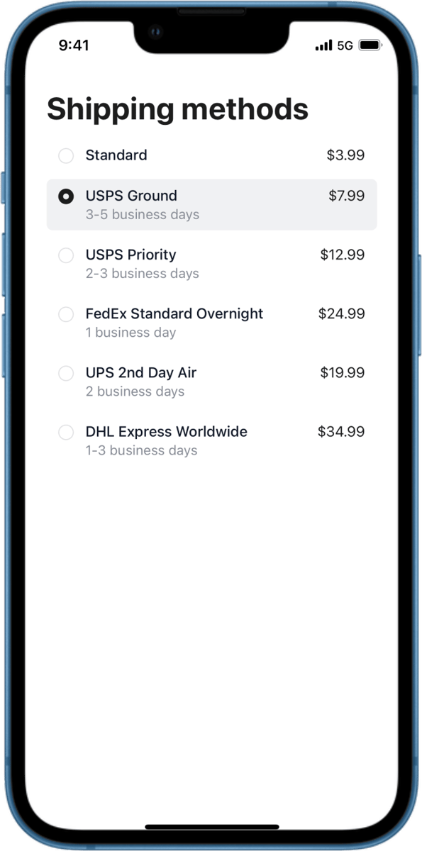 iOS preview for Radio Group with Shipping Options