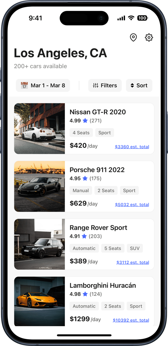 iOS preview for Car Rental Card List with Filter Bar