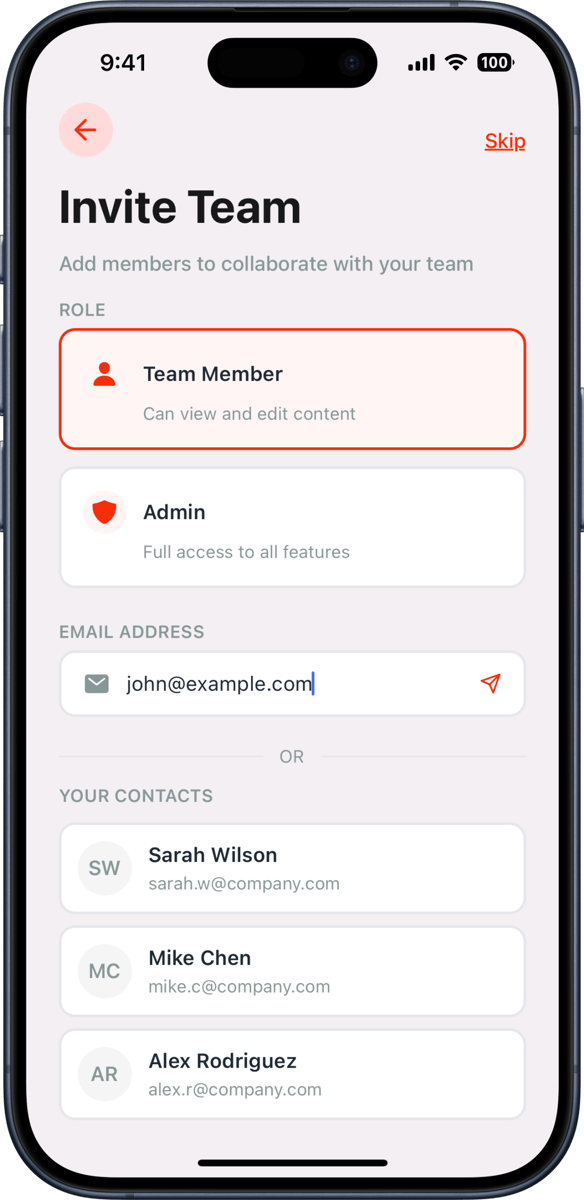iOS preview for Invite Team Member Account Form