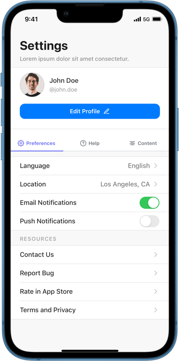 iOS preview for Full-Width Settings Form with Tabs