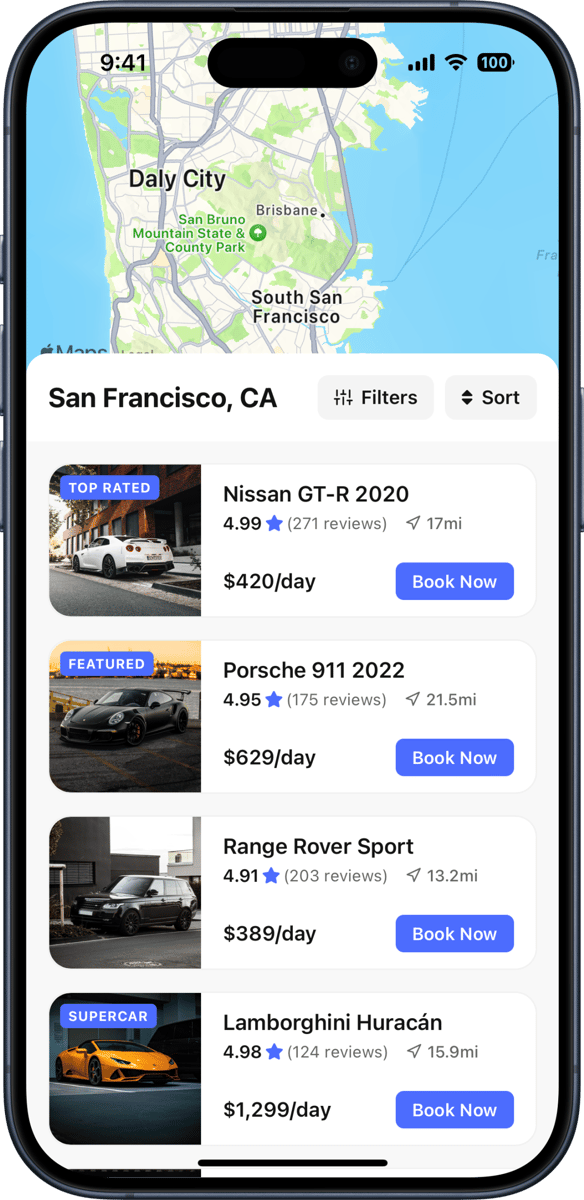iOS preview for Car Rental Card List with Map View