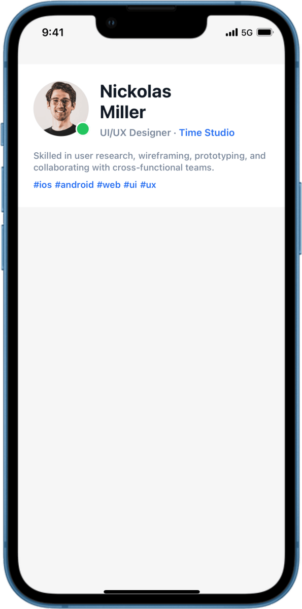 iOS preview for Left-Aligned Avatar, Two-Line Text, Profile Description, and Tags