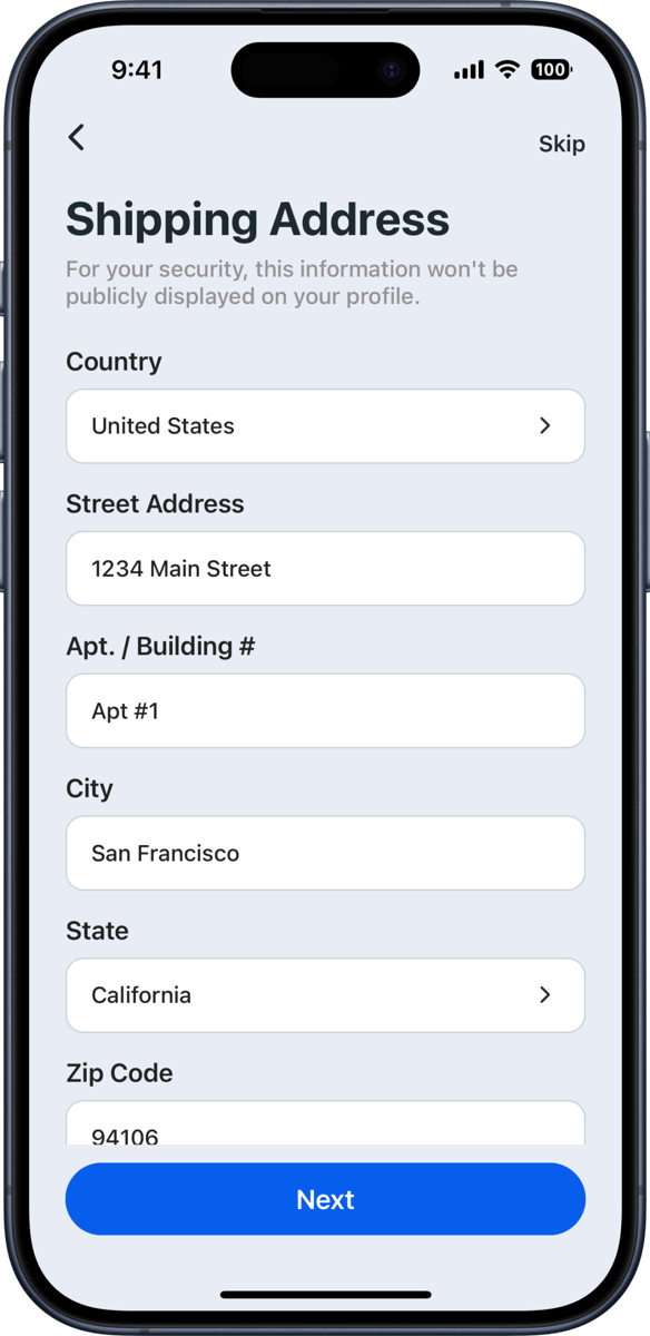 iOS preview for Shipping Address Form