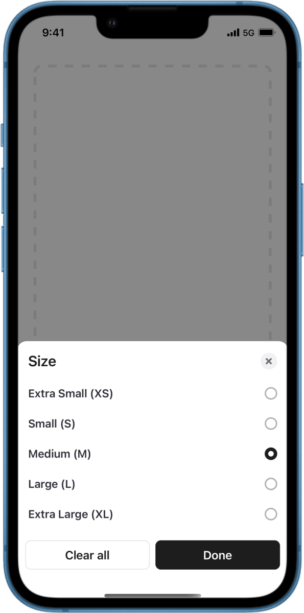 iOS preview for Modal Bottom Sheet with Size Options