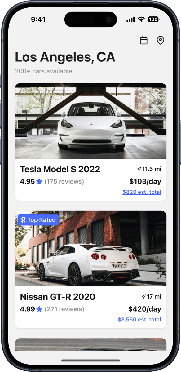 iOS preview for Car Rental Card List with Large Thumbnails and Meta Text