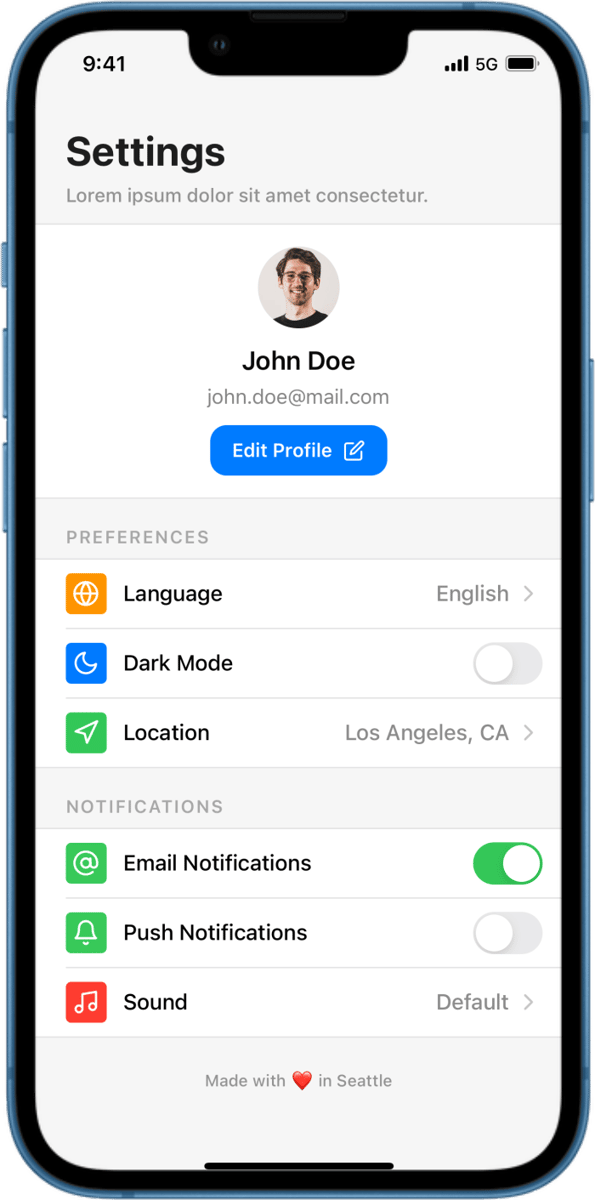 iOS preview for Full-Width Settings Page with Large Profile Section