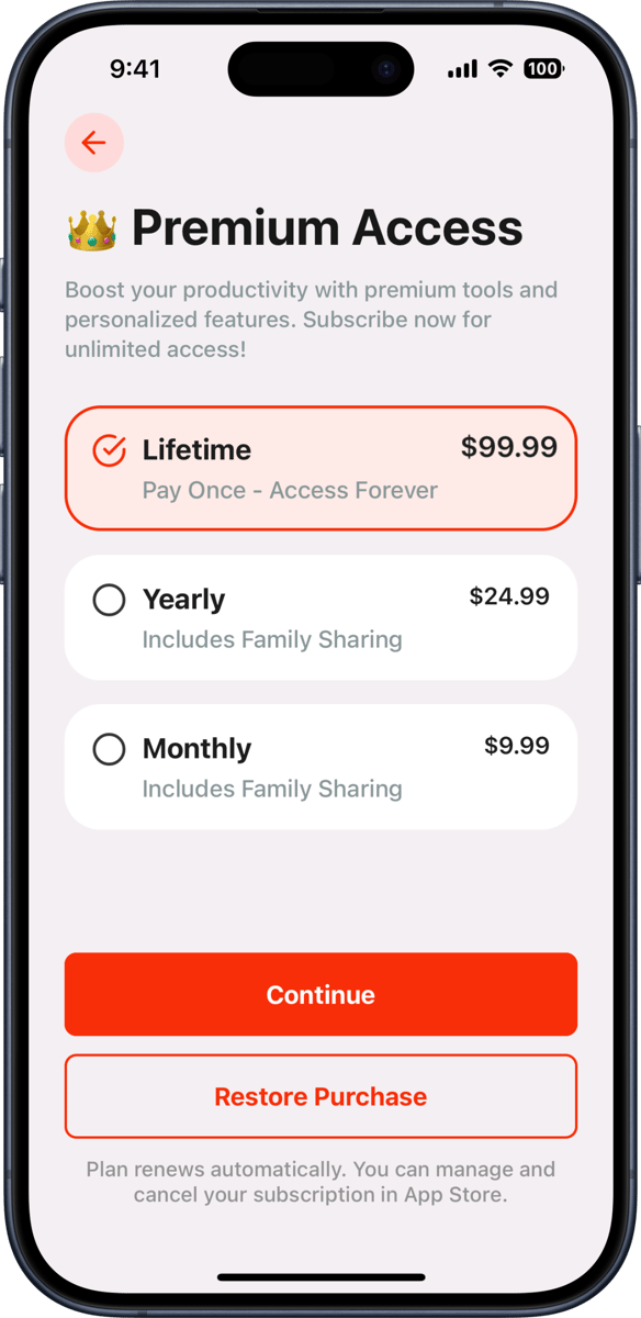 iOS preview for Modern Paywall Screen with Lifetime Option