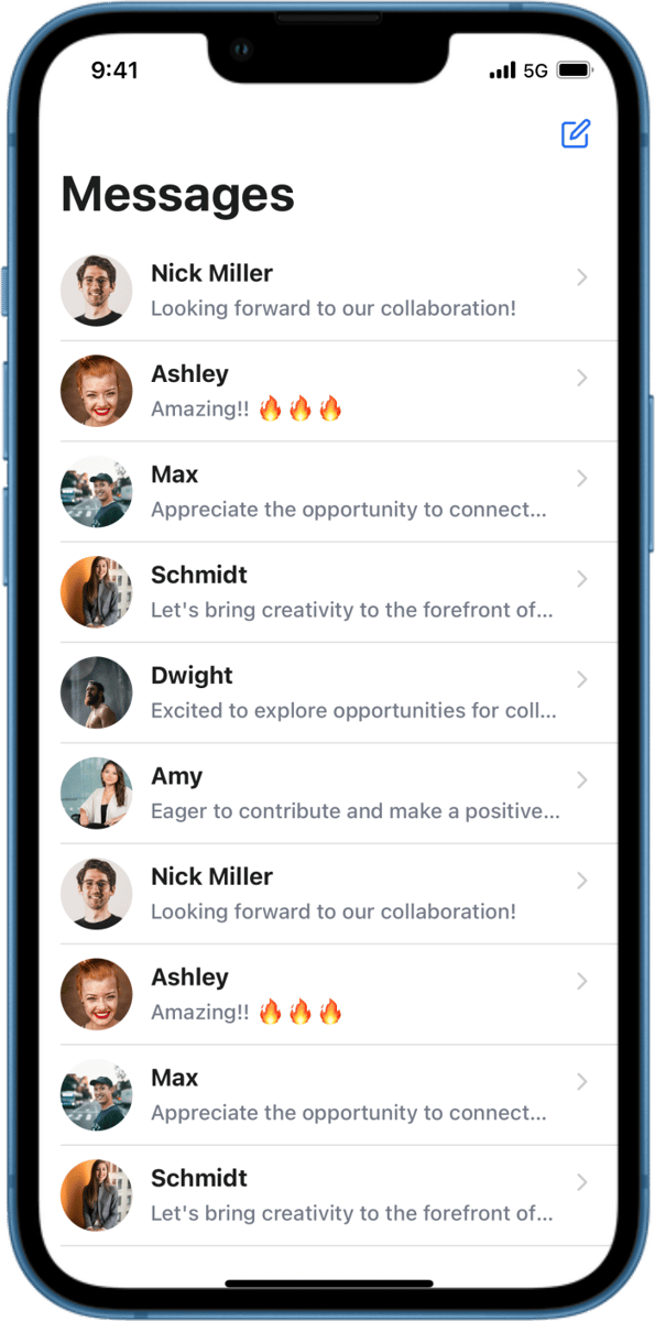 iOS preview for Messages Screen with Circular Avatars and Preview Message