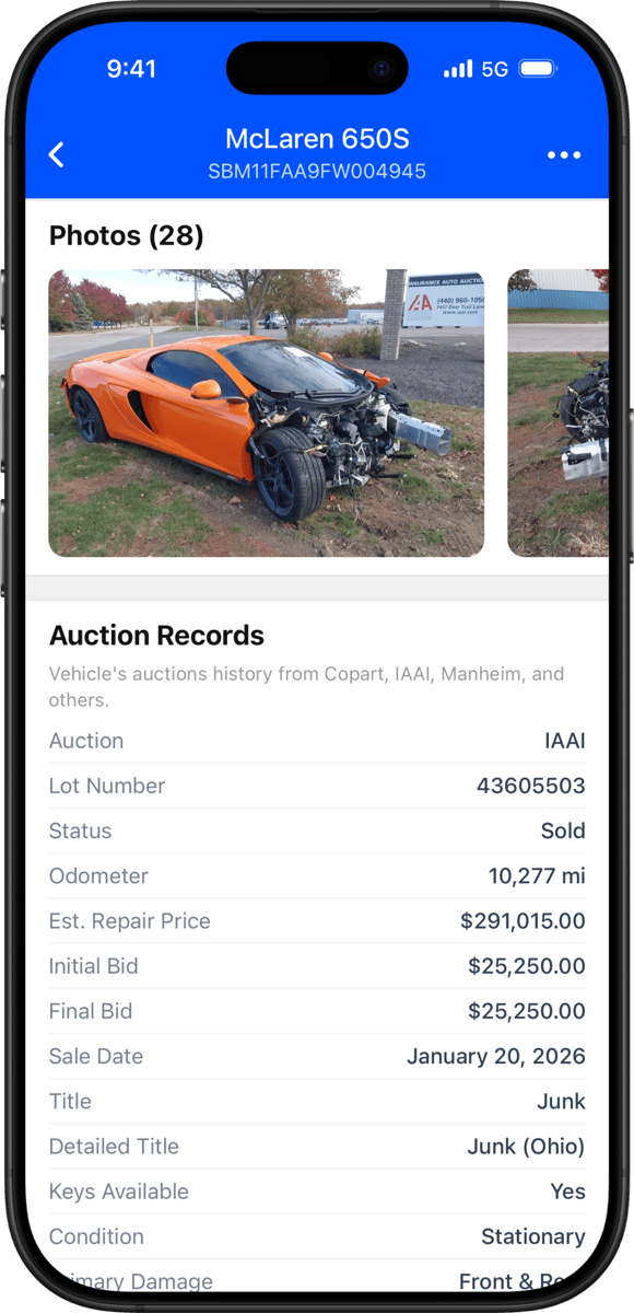 Severely damaged car representing junk title