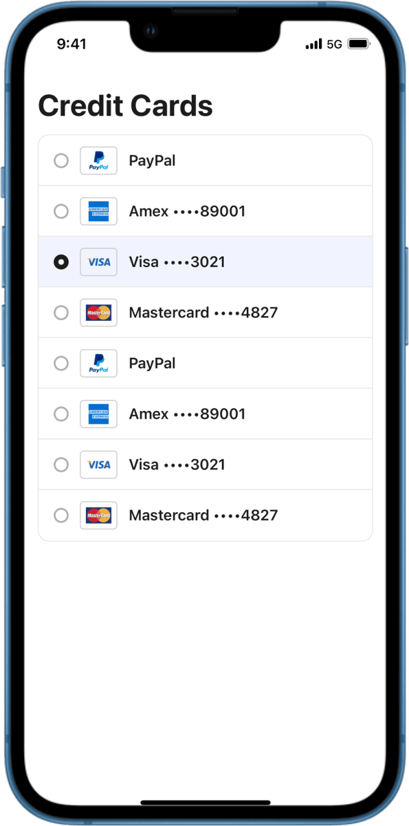 iOS preview for Radio Group with Credit Cards