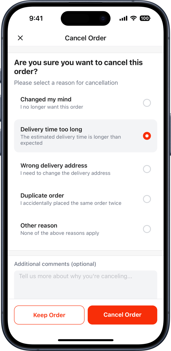 iOS preview for Food Delivery Order Cancelation Radio Group Form