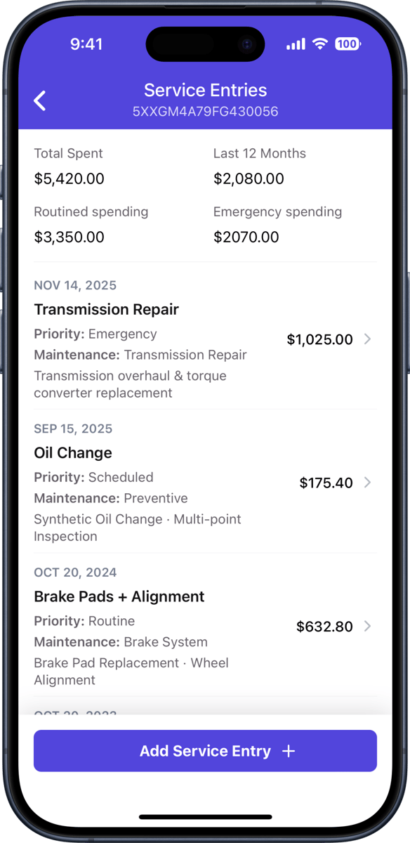 service / repair history page