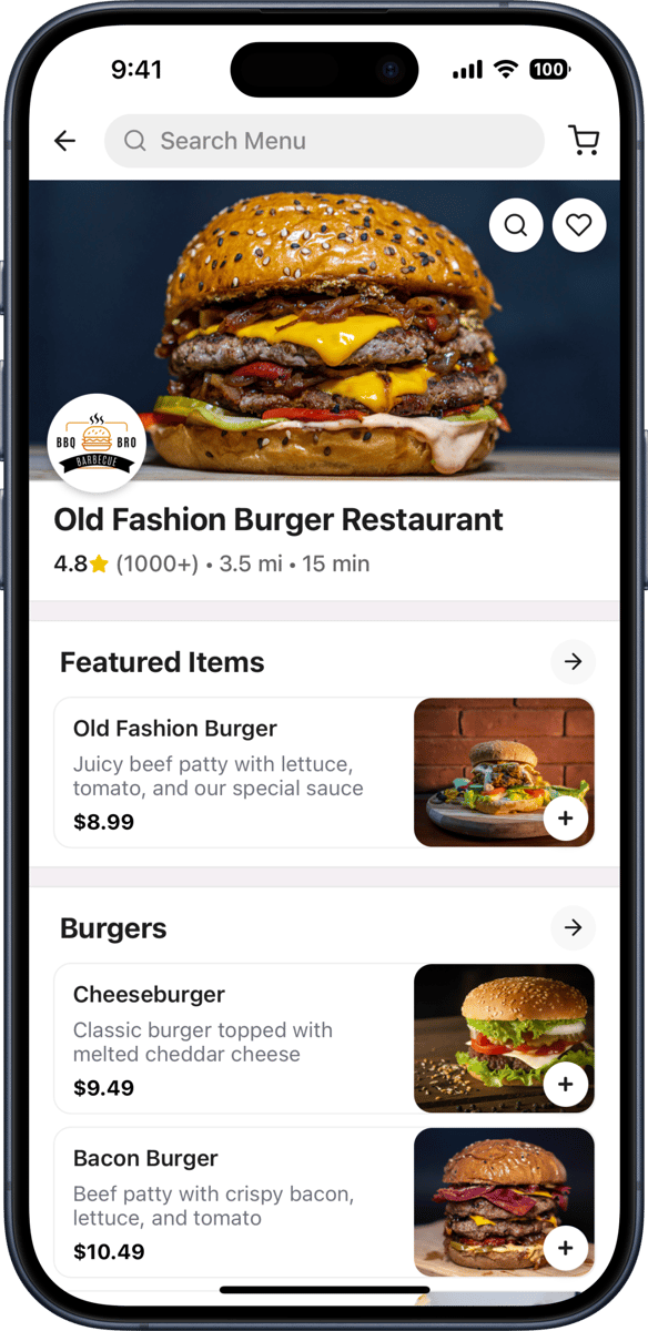 iOS preview for Food Delivery Restaurant Product Screen