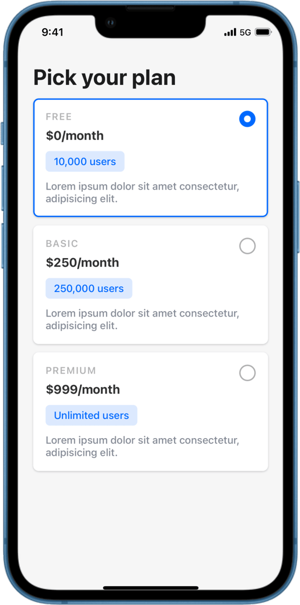 iOS preview for Radio Group with Plan Options