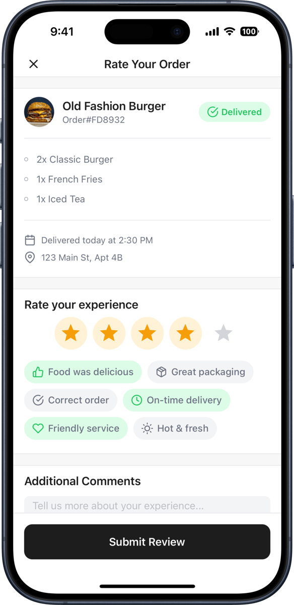 iOS preview for Food Delivery Order Rating Form