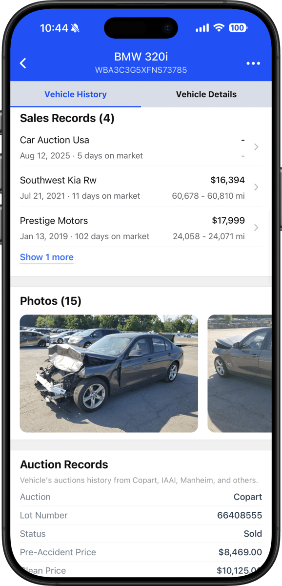 Vehicle sales records and sales history by VIN or plate