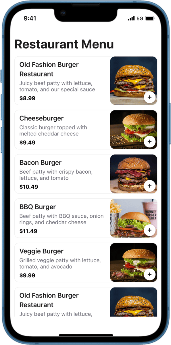 iOS preview for Restaurant Menu List with Add Action Button