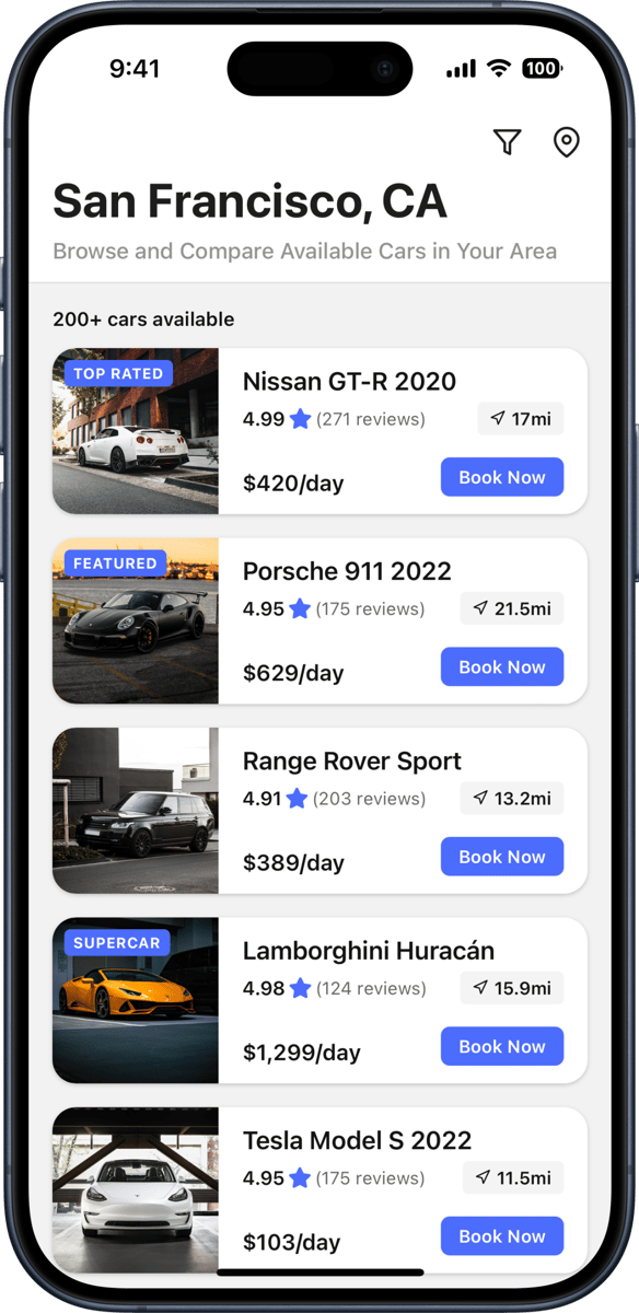 iOS preview for Car Rental Card List with Horizontal Layout and Compact Details