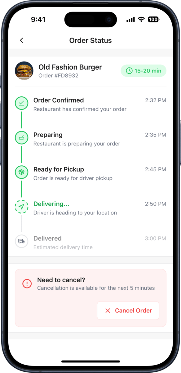 iOS preview for Food Delivery Order Status Timeline
