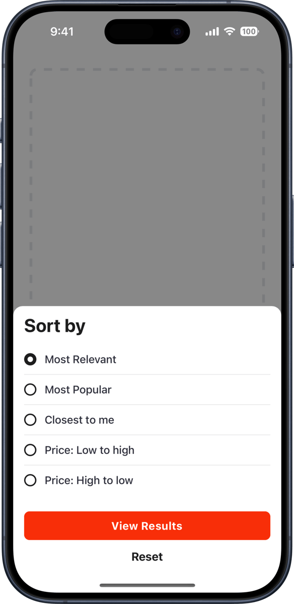 iOS preview for Modal Bottom Sheet with Sorting Options