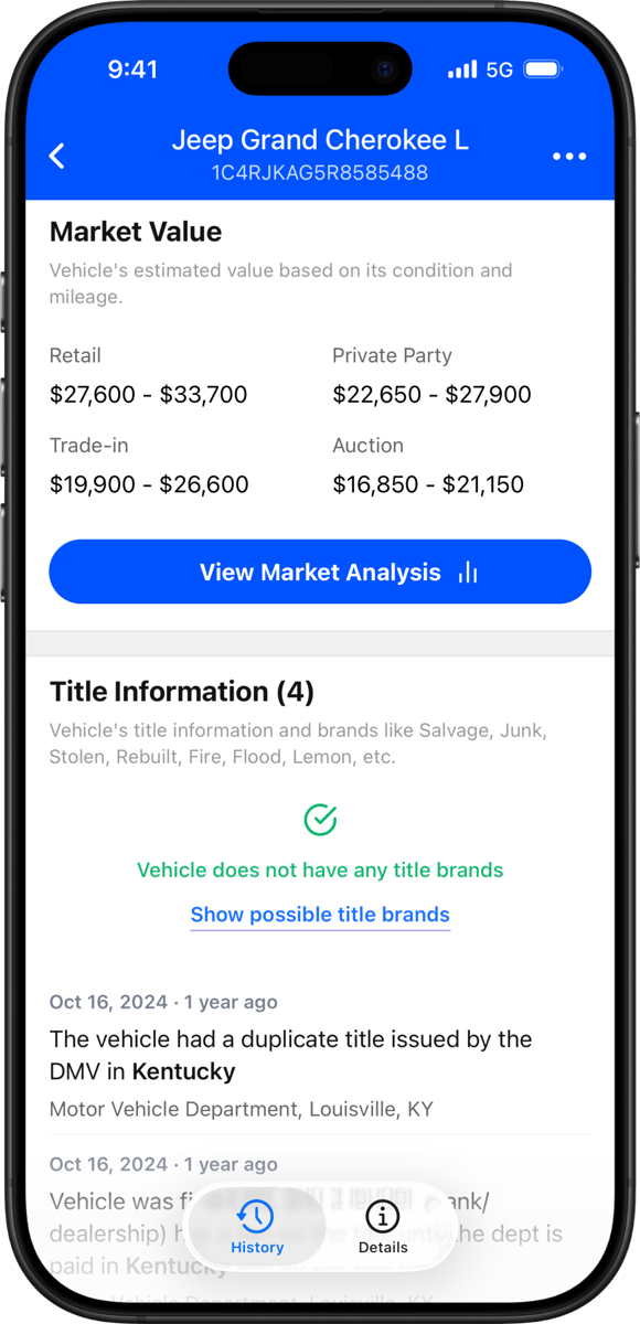 Market value estimates: retail, trade-in, private party, auction